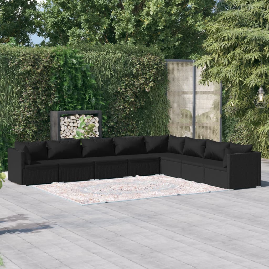 vidaXL 8-cz. zestaw wypoczynkowy do ogrodu, poduszki, czarny rattan PE